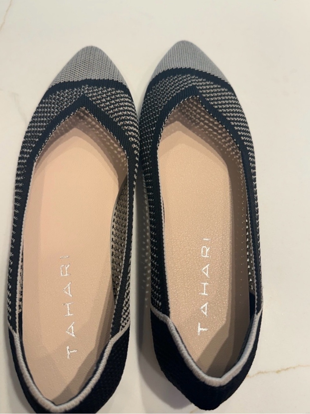 Tahari Two-Tone Knit Pointed Toe Flats in Gray and Black